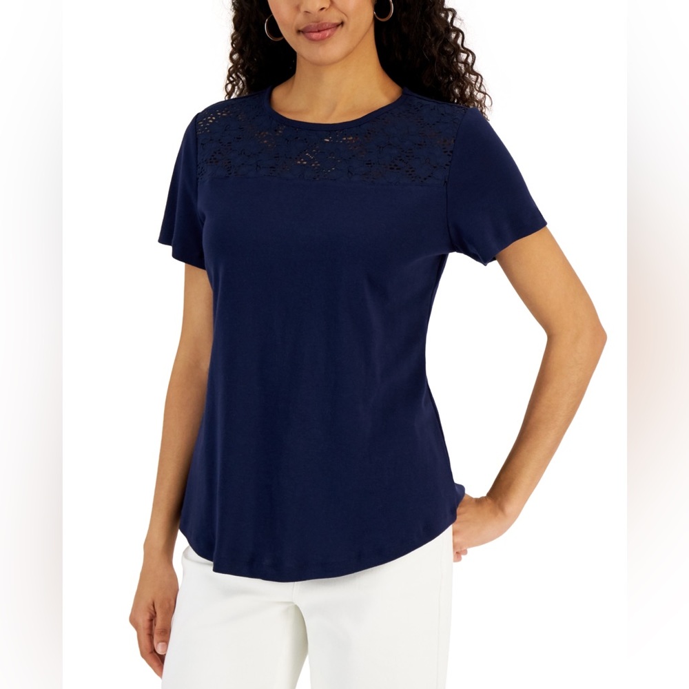 Karen Scott Short Sleeve Crocheted Yoke Top (INTREPID BLUE)